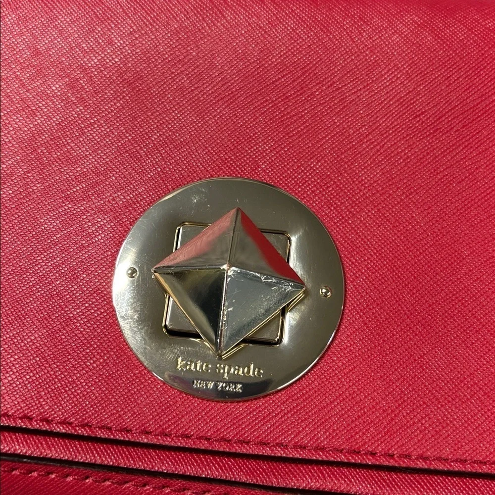 Kate Spade New York Lock Clutch Red Leather Envelope Brass Turn Pyramid Purse